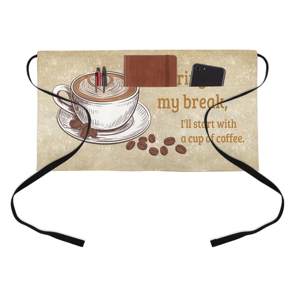 Retro Latte Half Waist Apron During My Break I'll Start with A Cup of Coffee Short Waiter Aprons with 3 Pockets for Women Men Kitchen Restaurant Cooking