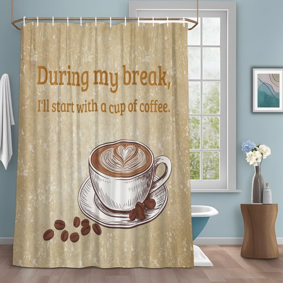Retro Latte Shower Curtain with Hooks, During My Break I'll Start with A Cup of Coffee Water Repellent Shower Curtains for Bathroom Decor Sturdy Shower Curtain, Machine Washable 36x78 Inch