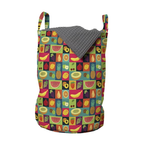 Retro Laundry Bag, Pop Art Grunge Style Fruits Colorful Vintage Set Organic Style Food Vegan Pattern, Basket with Handles Drawstring Closure for Laundromats, 13" x 19", Multicolor, by Ambesonne