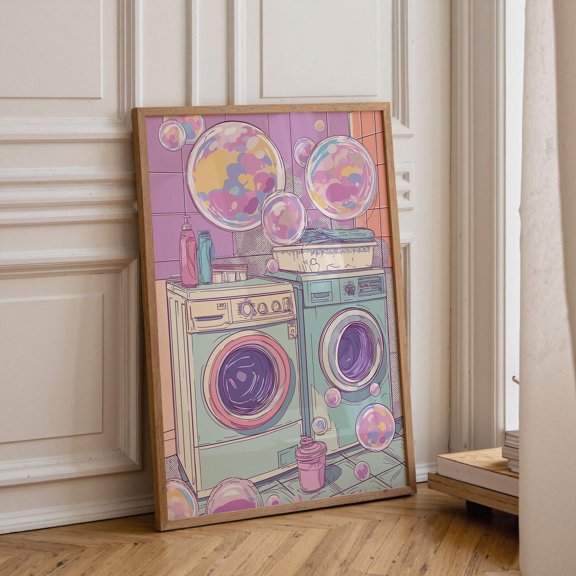 Retro Laundry Room Pink Bubble Washer Dryer Colorful Fun Graphic Poster Unframed Paper Print