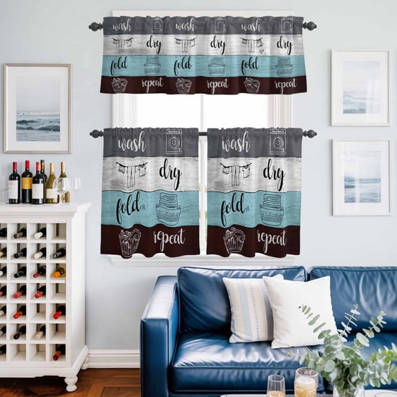 Retro Laundry Room Texts Curtain Tier and Valance Set 3 Piece, Rustic Wooden Plank 3-inch Rod Pocket Window Tier Curtains Valance for Kitchen Living Room