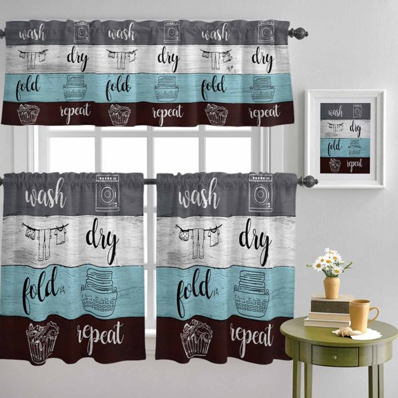 Retro Laundry Room Texts Curtain Tier and Valance Set 3 Piece, Rustic Wooden Plank 3-inch Rod Pocket Window Tier Curtains Valance for Kitchen Living Room
