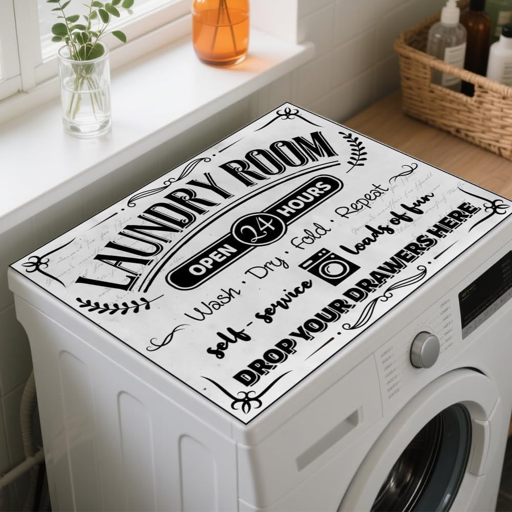 Retro Laundry Room Washer Dryer Dust Cover 23.6×19.7inch Text Washing Machine Top Protector Pads Non Slip Washing Machine Top Covers