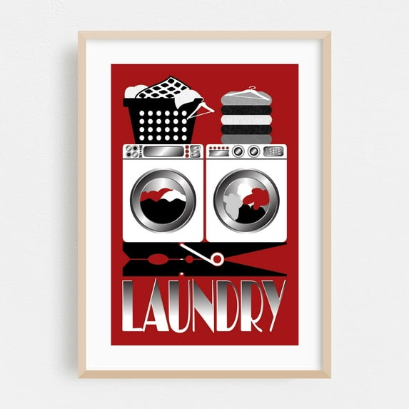 Retro Laundry Sign - Red, Gray, Black and White - Digital Art Typography Modern Art Pop Art Humor Oak Framed Wall Art Print 18 x 24 inches