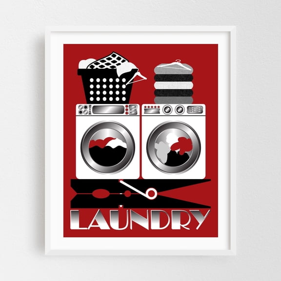 Retro Laundry Sign - Red, Gray, Black and White - Digital Art Typography Modern Art Pop Art Humor White Framed Wall Art Print 8 x 10 inches