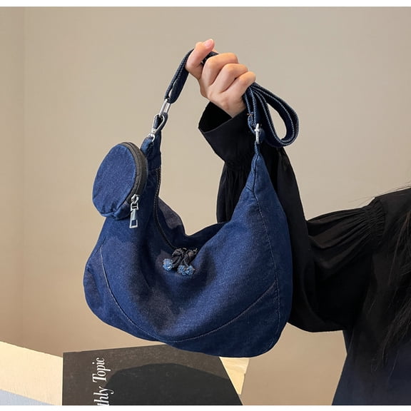 Retro Lazy Style Wash Denim Handbag Handheld Shoulder Crossbody Bag Niche Design Dumpling Messenger Bag One of a kind purses in Navy Blue for Daily Outfits