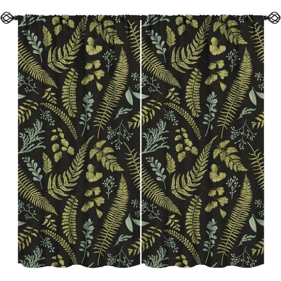 Retro Leaf Curtains Tropical Jungle Green Leaves Unique Botanical Black Bedroom Living Room Bathroom Blackout Rod Pocket Decoration Window Drapes 2 Panels W52xL84in