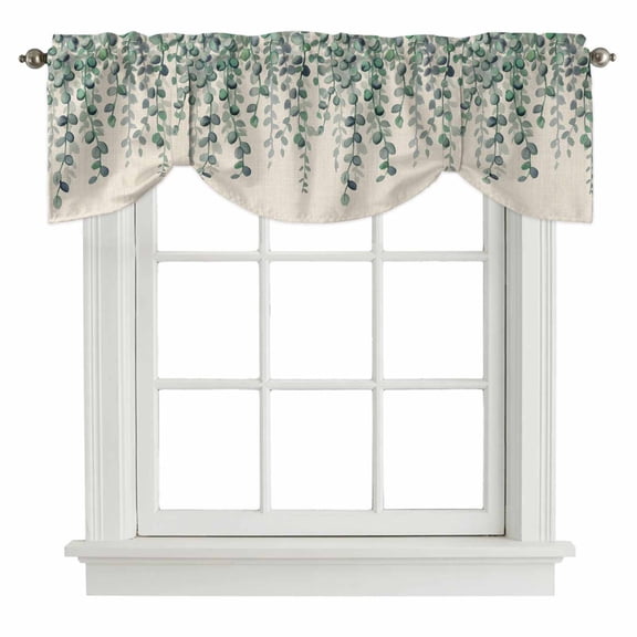 Retro Leaf Tie Up Valance for Windows, Country Watercolor Green Eucalyptus Leaves Flora Plant Linen Texture Adjustable Rod Pocket Tie Up Valance Curtains for Kitchen Bathroom Bedroom 42 X 12 Inch