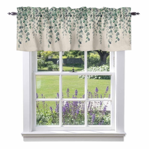 Retro Leaf Valance Curtain for Windows Country Watercolor Green Eucalyptus Leaves Flora Plant Linen Texture Rod Pocket Curtain Valances Short Window Treatments for Kitchen Bathroom 54 x 18 Inch