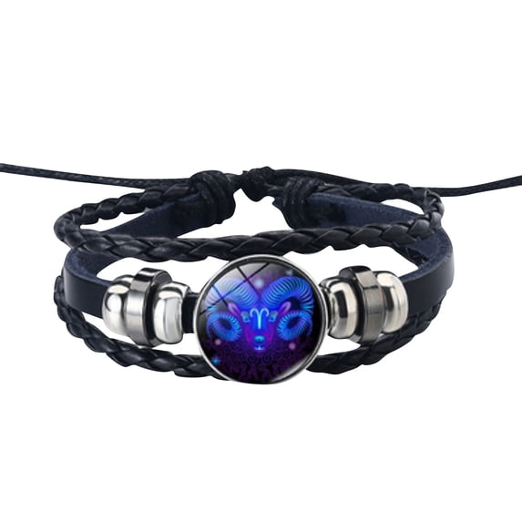 Retro Leather Braided Bracelet with Glow Gemstone Beads Constellation Theme Wrist Jewelry for Men Women