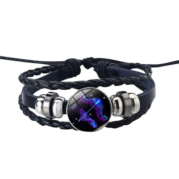Retro Leather Braided Bracelet with Glow Gemstone Beads Constellation Theme Wrist Jewelry for Men Women