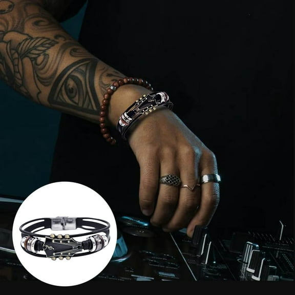 Retro Leather Guitar Bracelet for Men Women Music Lovers Stylish Wristband with Stainless Steel Clasp Unique Rock Handmade Accessory