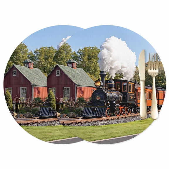 Retro Leather Placemats Set of 2, 12 Inch, Train Motor Vehicle Building Sky Grass Country Scenery Waterproof Oil-Proof Place Mats, Non-Slip Table Mats for Kitchen, Dining Room, Indoor Outdoor