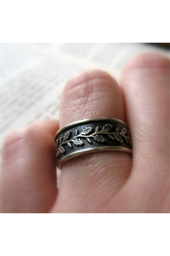Vintage Silver Rings for Men and Women Retro Leaf Design Alloy Fashion Ring with Artificial Gemstone Inlay Diamond Finish Jewelry Gift for Her or Him