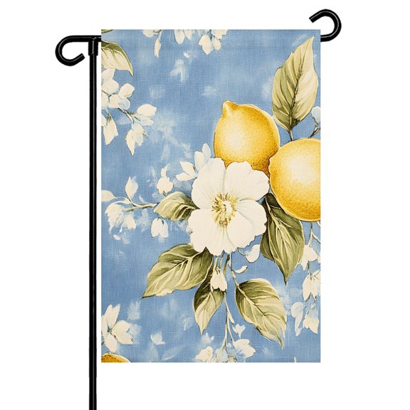 Retro Lemon Garden Flag 12x18 Inch Flower Leaf Blue Background Farmhouse Double Sided Small Decorative Garden Flags for Outside, Outdoor Yard Porch Lawn Decoration