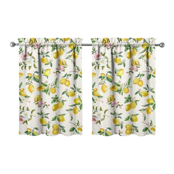 Retro Lemon Kitchen Curtains 2 Pack - Vintage Fruit & Floral Design, Cute Semi-Sheer Tier Curtains with Rod Pocket, 27.5x36 Inch Window Panels