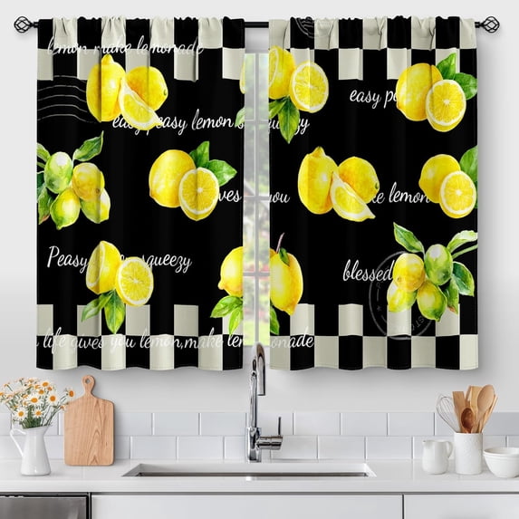 Retro Lemon Kitchen Curtains - Rustic Country Short Cafe Tier Curtains, Black White Buffalo Plaid Fruits Leaves Decor for Living Room, Rod Pocket Window Drapes 2 Panels 28"x36"