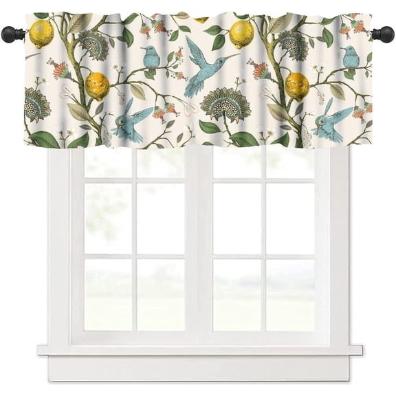 Retro Lemon Kitchen Valance, Summer Blue Birds Lemon Tree Nature Botanical Plants Flowers Hummingbird Spring Print Short Window Curtain for Cafe Restaurant, 54x18inch