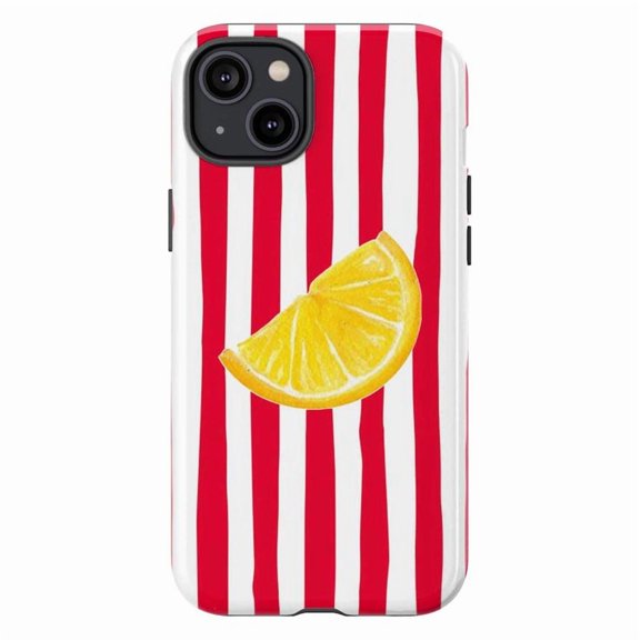 Retro Lemon Slice Phone Case, Red and White Striped Summer Aesthetic Phone Protective Cover for iPhone 16 15 14 13 12 11 Pro Max Mini Plus