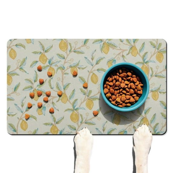 Retro Lemon Yellow Pet Bowl Mat - Waterproof Non-Slip Dog Food Mat with Lemon and Bees Print, Washable and Durable