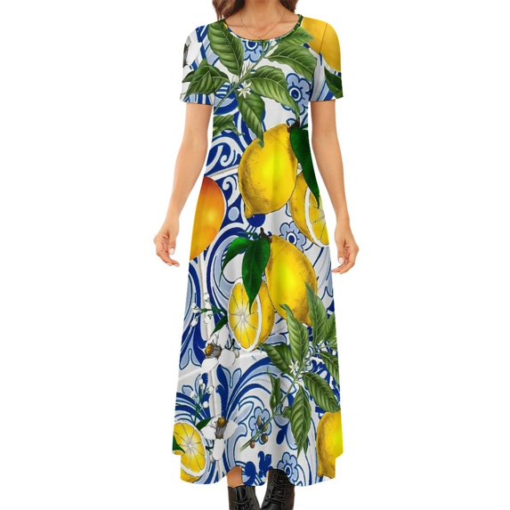 Retro Lemon on Blue Ceramic Tiles Dress Aesthetic Bohemia Long Dresses Ladies Kawaii Maxi Dress Gift