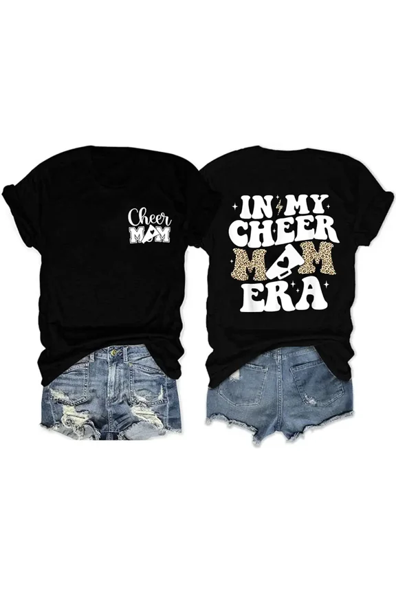 Retro Leopard Cheer Mom Era Graphic T-Shirt Women's Trendy Cheerleading Support Tee Megaphone Design Short Sleeve Cotton Top