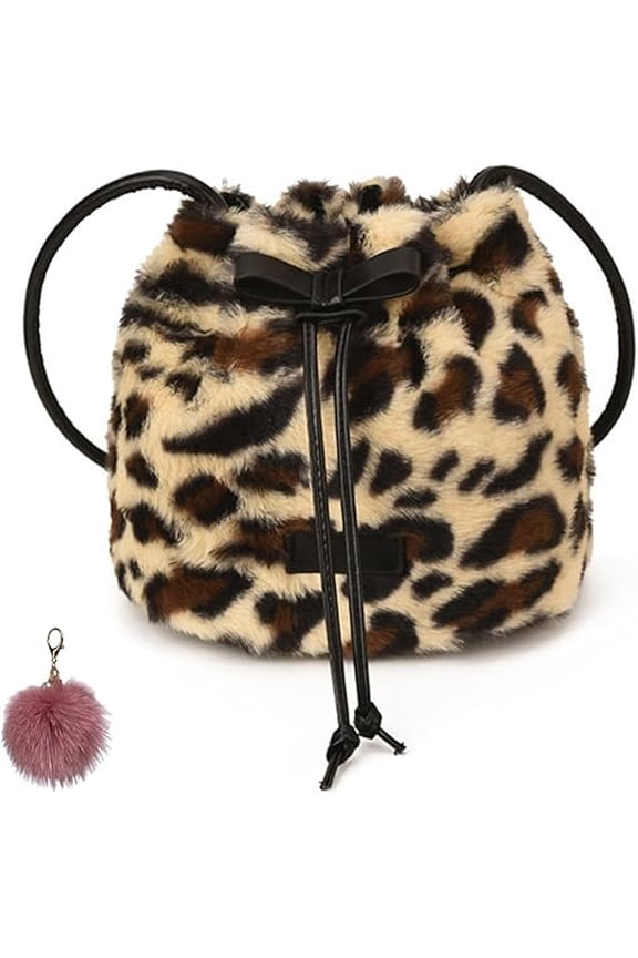 Retro Leopard Faux Fur Mini Drawstring Bucket Bag - Womens Crossbody & Shoulder Plush Winter Bag(1pcs,S)