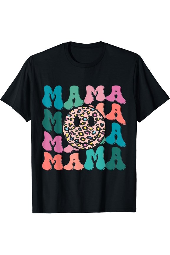 Retro Leopard Mama Groovy Face Trendy New Mom T-Shirt, Unisex T-Shirt