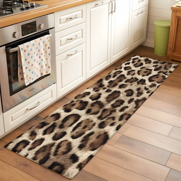 Retro Leopard Print 2x6 Runner Rug for Hallway Walkway Kitchen Galley, Classic Brown Black Animal Fur Texture Low Pile Washable Non Slip Long Area Rug
