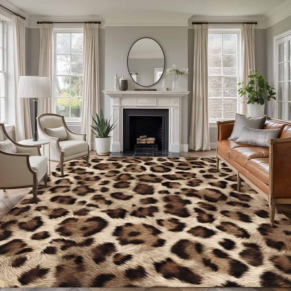 Retro Leopard Print 5x7 Rug for Living Room Sofa and Coffee Table Layout, Classic Brown Black Animal Fur Texture Washable Non Slip Rectangle Area Rug