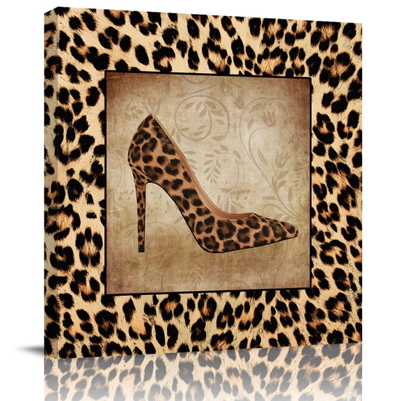 Retro Leopard Shoes Theme Canvas Artwork Painting Art, Country Animal Print Texture Square Framed Wall Decorations Prints Picture for Bedroom Kitchen Living Room, 16x16 in