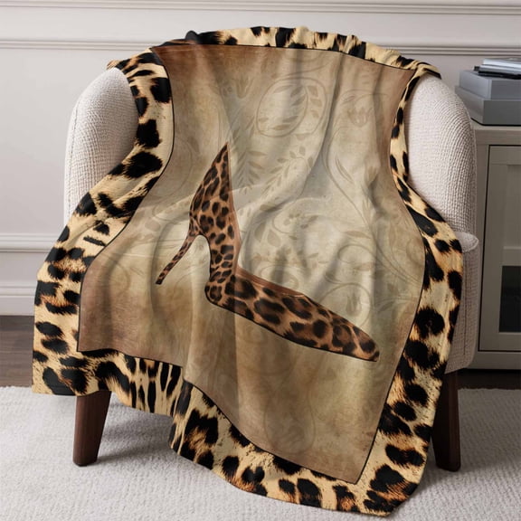 Retro Leopard Shoes Theme Throw Blanket Flannel Fleece Throws, Country Animal Skin Texture Lightweight Super Soft Warm Blankets for Couch Sofa Bed All Season Use, 50x60 in