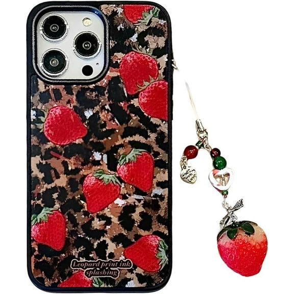 Retro Leopard Strawberry Phone Case with Chain for iPhone 15 (NOT Pro),Luxury Brown Cheetah Print Cute Y2K Design Trendy Girls Women Protective Cover+Charm(iPhone15 6.1")