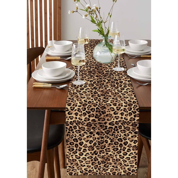 Retro Leopard Stripes Table Runner 13x72in Non-Slip Cotton Linen Table Runners, Brown Black Colored Blocks Dresser Scarves TableRunner for Dinner Kitchen Dining Wedding Party