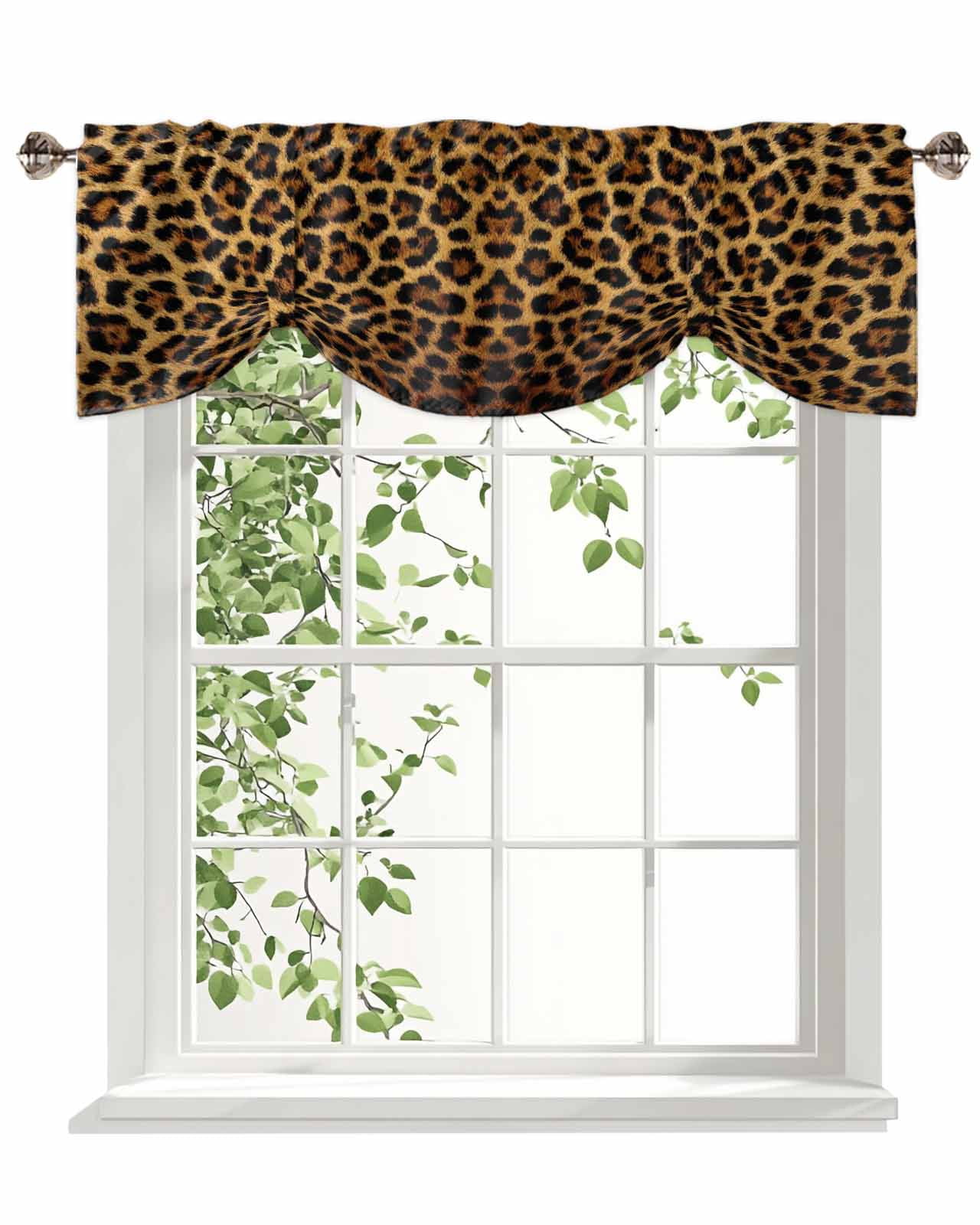Retro Leopard Tie Up Valances Curtain, Adjustable Kitchen Abstract Classic Texture Decoration Valances for Windows Decor, Rod Pocket Short Curtains Set for Bedroom/Bathroom, 54"x18"
