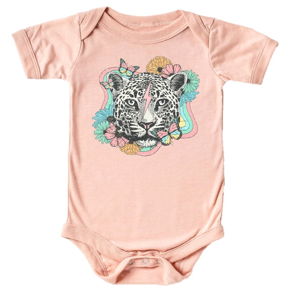 Retro Leopard and Flowers Everyday Shirt and Bodysuit for Girls Colorful Girly Leopard Tee Peach Bodysuit Newborn