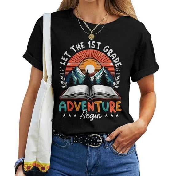 Retro Let The 1st Grade Adventure Begin First Grade Teacher Women’s T-Shirt Vintage School Spirit Graphic Tee Casual Comfortable Cotton Educational Apparel Gift