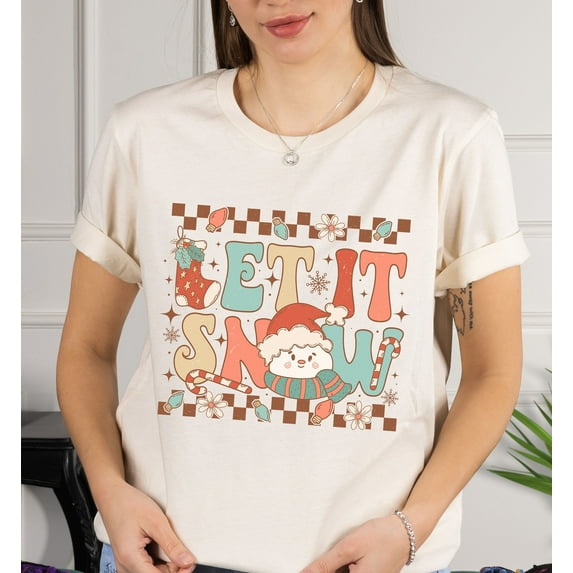 Retro Let it Snow Shirt, Christmas Snowman T-shirt, Christmas Tee, Retro Holiday Shirt, Merry Christmas Shirt, Women's Christmas Snowman Tee (Colors:Canvas Red; Sizes:2XL;)