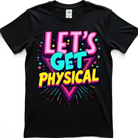 Retro Let's Get Physical Graphic Black T-Shirt with Colorful Design