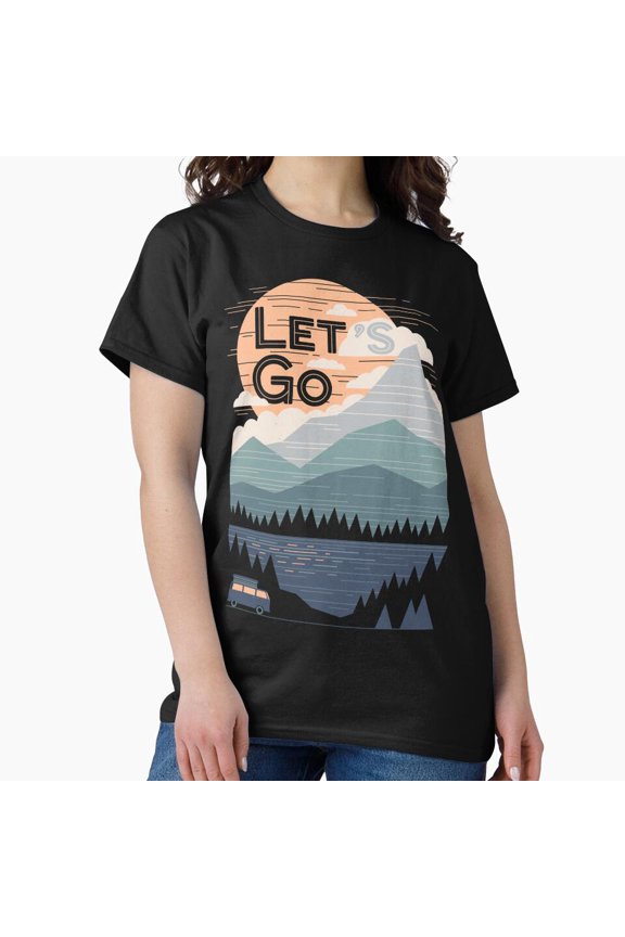 Retro 'Let's Go' Mountain Lake Van Life Adventure T-Shirt H190, for Unisex, Up to Size 5XL
