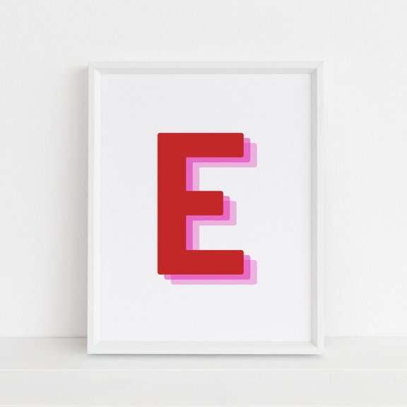 Retro Letter E Monogram Red And Pink Initial Alphabet Baby Room Art