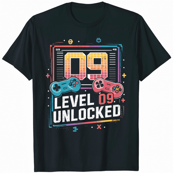 Retro Level 9 Unlocked Gamer Birthday Unisex Graphic Short Sleeve T-Shirt