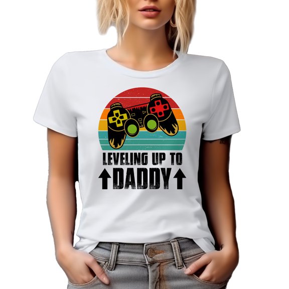Retro Leveling Up to Daddy, Baby Shower, Pregnancy Announcement, Video Gamer Dad, White T-Shirt, XL