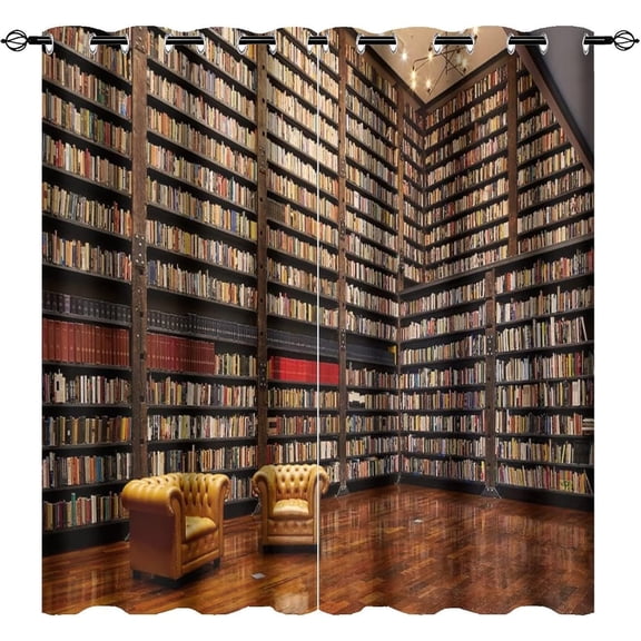 Retro Library 3D Printed Drapes, Simulation Bookshelf Living Room Curtains Breathable Insulated Darkening Curtains For Office Kitchen And Cafe Room Nursery42"W x 63"L (Pack of 2)