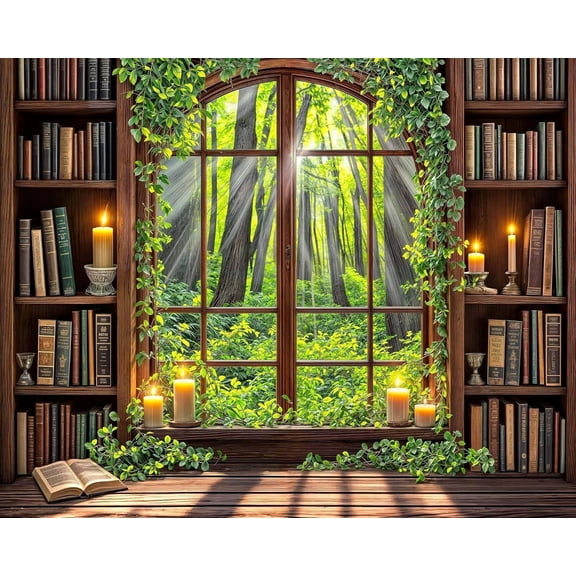 Retro Library Wooden Bookshelf Backdrop Green Garden Book Tree Vintage Window Forest Photography Background Medieval Art Book Candle Party Decoration Banner Supplies 80x60inch