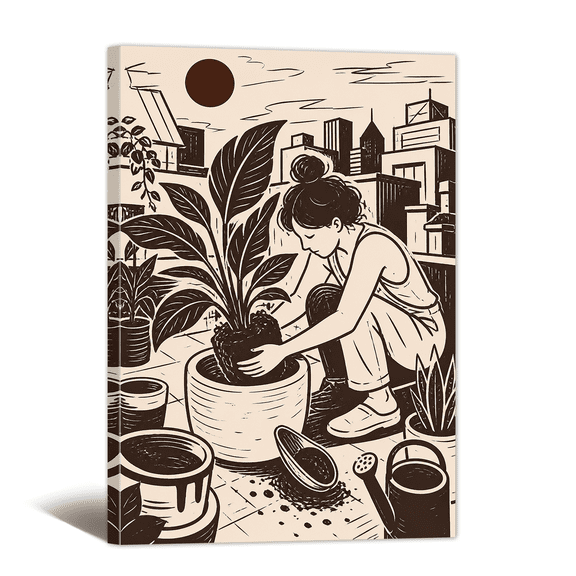 Retro Life Illustration Canvas Wall Art Cultivating Plants Picture Print, Black & White Lined Artwork Minimalist Relaxation Painting for Home, Living Room, Bedroom Wall Decor