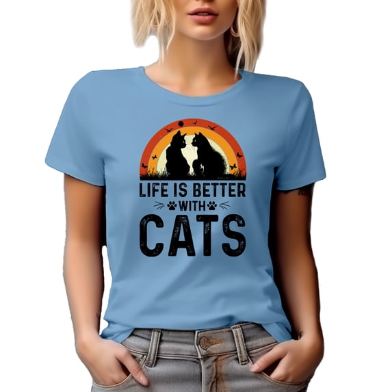 Retro Life Is Better with Cats, Cat or Fur Parent, Baby Blue T-Shirt, Medium