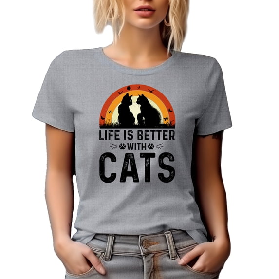 Retro Life Is Better with Cats, Cat or Fur Parent, Heather Grey T-Shirt, XL