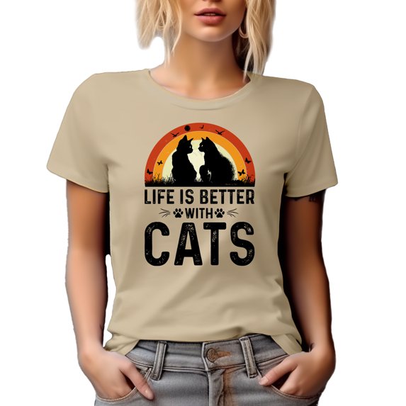 Retro Life Is Better with Cats, Cat or Fur Parent, Tan T-Shirt, Large