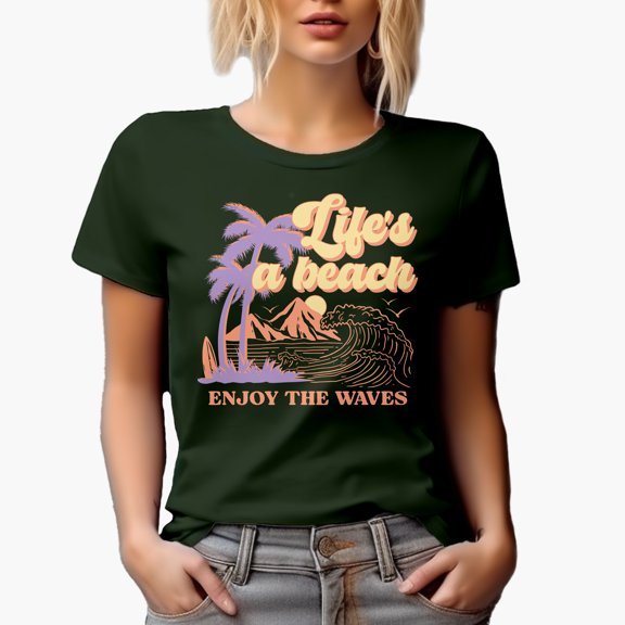Retro Life's a Beach, Enjoy the Waves Art Merch Gift, Military Green T-Shirt, XL